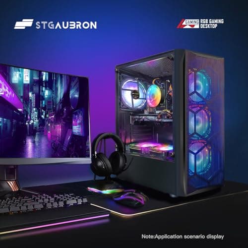 STGAubron Gaming PC Desktop Computer, Intel Core I7 up to 3.9 GHz, Radeon RX 580 8G, 16G RAM, 512G SSD, WiFi, Bluetooth 5.0, RGB Fan x6, RGB BT Sound Bar, Windows 10 Home