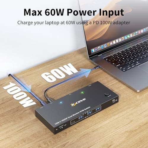 KVM Switch 2 Monitors 2 Computers USB C HDMI DP, KVM Switch Dual Monitor for Laptop & Desktop, USB 3.0 MST Dual HDMI 4K@60Hz, PD 60W for Laptop, with Wired Remote