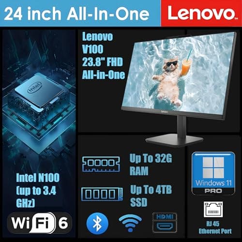 Lenovo 23.8" FHD All-in-One Desktop Computer for Home & Business, Intel N100 (up to 3.4 GHz), 32GB RAM, 1TB SSD, Intel UHD Graphics, RJ45, Bluetooth, HDMI, Wi-Fi, Keyboard & Mouse, Windows 11 Pro