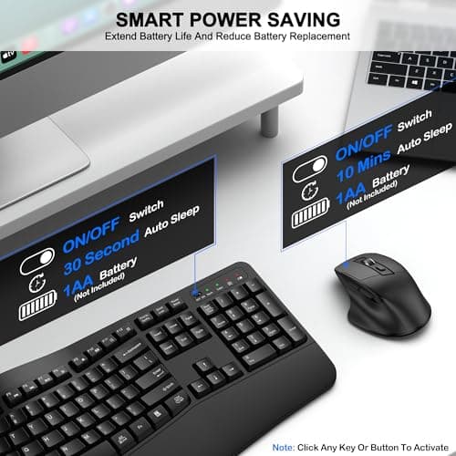 Wireless Keyboard and Mouse Combo, 2.4G Full Size Wave Keys Ergonomic Keyboard with Wrist Rest and 3-Level DPI Adjustable Wireless Ergonomic Mouse for Windows, Mac OS Desktop/Laptop/PC(Black)