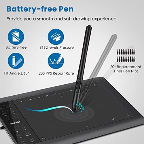 XOPPOX Graphics Drawing Tablet 10 x 6 Inch Large Active Area with 8192 Levels Battery-Free Pen and 12 Hot Keys, Compatible with PC/Mac/Android OS for Painting, Design & Online Teaching Black