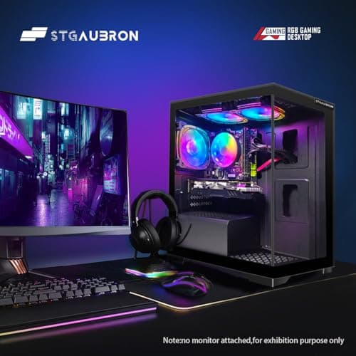 STGAubron Gaming PC Desktop, Radeon RX 580 16G GDDR5, Intel Core i7 up to 3.9G, 16G RAM, 512G SSD, 600M WiFi, BT 5.0, RGB Fan x3, RGB BT Sound Bar, Windows 10 Home
