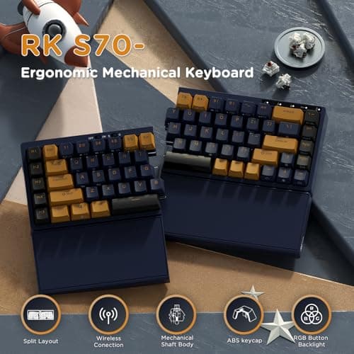 RK ROYAL KLUDGE RKS70 Ergonomic Split Keyboard, Wireless Gaming Keyboard with Bluetooth/2.4G/Wired, 75% RGB Hot Swappable Mechanical Keyboards Fixed Wrist Rest for Win/Mac, Black