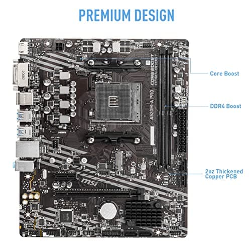 MSI A520M-A PRO Gaming Motherboard (AMD Ryzen 5000, AM4, DDR4, PCIe 3.0, SATA 6Gb/s, M.2, USB 3.2 Gen 1, DVI/HDMI, Micro-ATX)