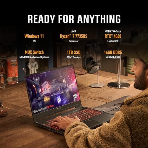 ASUS TUF Gaming A15 (2023) Gaming Laptop, 15.6” FHD 144Hz, 100% sRGB Display, GeForce RTX 4060, AMD Ryzen 7 7735HS, 16GB DDR5, 1TB PCIe SSD, Wi-Fi 6, Windows 11, FA507NV-EH74
