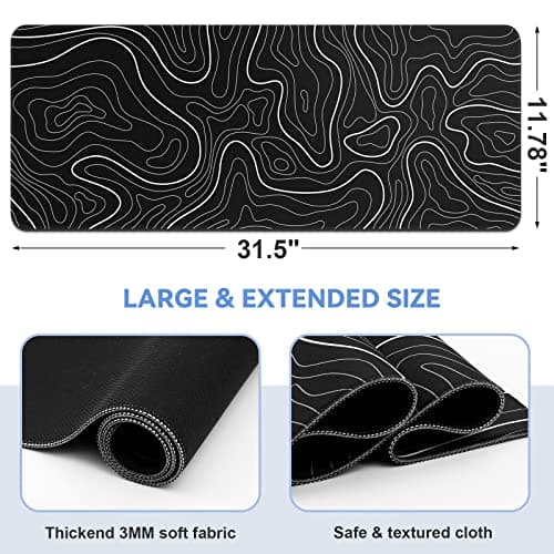 Mouse Pad Gaming Mousepad 31.5 x 11.8in Large Mouse Pad for Keyboard and Mouse with Anti-Slip Rubber Base, Keyboard Pad XL Mouse Mat for Home and Office（Black with White Topographic Line）