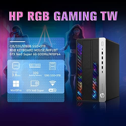 HP Gaming PC Desktop Computer - Intel Quad I5-7500 up to 3.8GHz, GeForce GTX 1660 Super 6G, 32GB DDR4 Memory, 128G SSD + 3TB, RGB Keyboard & Mouse, WiFi & Bluetooth 5.0, Win 11 Pro (Renewed)
