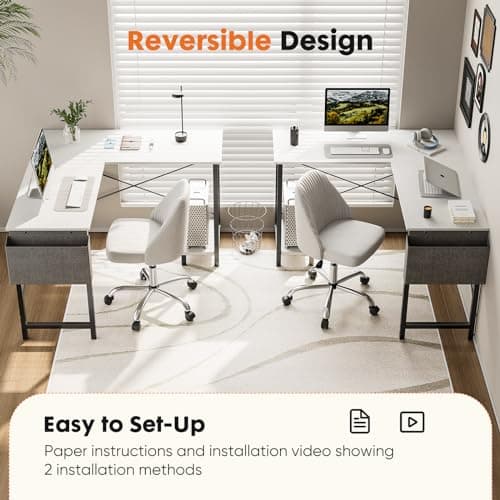 Sweetcrispy L Shaped Computer Desk - Gaming Corner 50 Inch PC White Writing Study Student Table with Wooden Desktop CPU Stand Side Bag Reversible for Home Office Room Small Space, Black