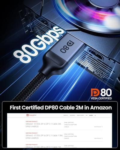 Silkland 80Gbps DisplayPort Cable 2.1 6.6FT [VESA Certified], [8K@240Hz, 4K@540Hz 360Hz 240Hz] DP 2.1 Cable 16K, DP80 HDR DSC Display Port Cord Compatible FreeSync Gaming Monitor 5090 7900XTX, S1334