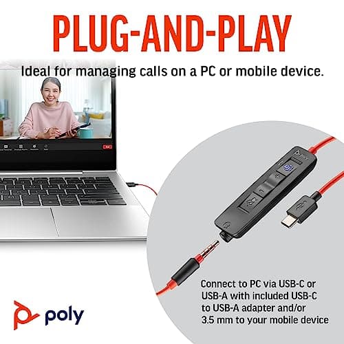 Poly Blackwire 3325 Wired Headset (Plantronics) – Flexible Microphone Boom – Hi-fi Stereo - PC/Mac/Mobile - Certified for Microsoft Teams - Amazon Exclusive