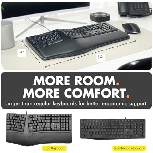 X9 Wired Ergonomic Keyboard with Cushioned Wrist Rest - Type Comfortably Longer - USB Wired Split Keyboard for Laptop, PC & Chrome Computer with 110 Ergo Keys & 5ft Cable