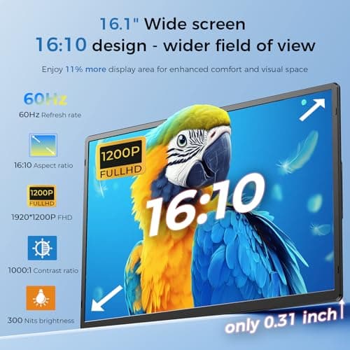 Laptop Screen Extender 16.1", 1200P FHD, Portable Monitor 360° Rotating Detachable Stand, Height Adjustable Laptop Monitor Extender for Laptop 13-17.5", Plug-Play for Mac/OS/Wins/Chrome/Dex