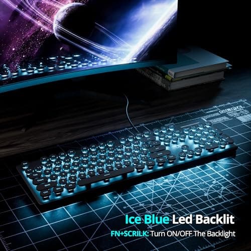 Wired Quiet Membrane Keyboard,Full Size 104-Keys Retro Punk Typewriter Blue LED Backlit ，USB Ultra Slim Gaming Keyboard with ABS Round keycaps for Windows/PC/Laptop (Black)