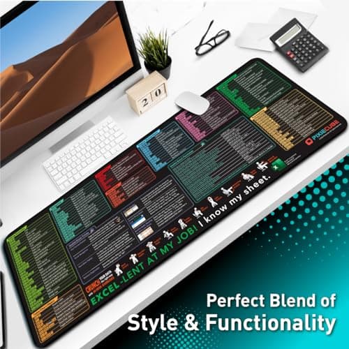 Pixiecube Excel Shortcut Keys Mouse Pad - Extended Large XL Cheat Sheet Gaming Mousepad | PC Office Spreadsheet Keyboard Mat | Non-Slip Stitched Edge
