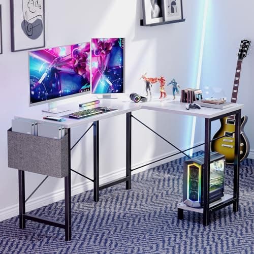 Sweetcrispy L Shaped Computer Desk - Gaming Corner 50 Inch PC White Writing Study Student Table with Wooden Desktop CPU Stand Side Bag Reversible for Home Office Room Small Space, Black