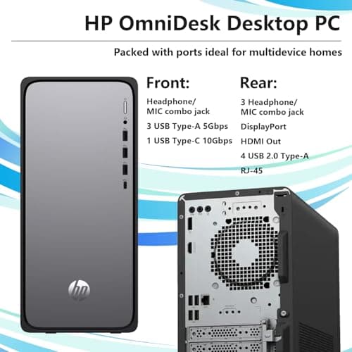 HP OmniDesk M02 Premium AI Copilot Tower Desktop, 20-Core Intel Core i7-14700, 64GB DDR5, 2TB SSD, Wired KB & Mouse, Wi-Fi 6, Bluetooth, Win11 Home, Black, Bundle with Lexar SL660 512GB Portable SSD