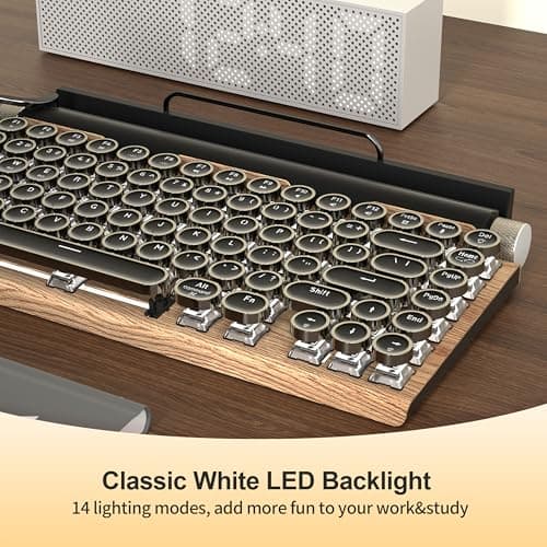 Retro Typewriter Wireless Mechanical Gaming Keyboard, Bluetooth 5.0 Office Computer Vintage Keyboards 83-Key Blue Switches Punk Round Keycap, LED Backlight, Compatible with PC/Laptop/Pad/Phone, Wood