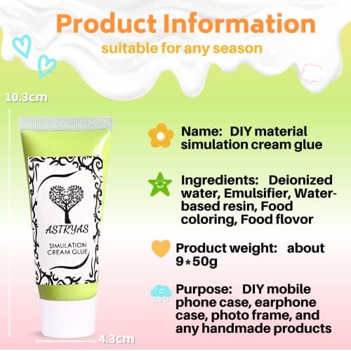 ASTRYAS Decoden Fake Cream Glue, 9 PCS Simulation Whipped Cream Clay Glue DIY Phone Case Kit Silicone Cream Adhesive Set with Plastic Decorating Mouth for Phone Handmade Craft,Crystal