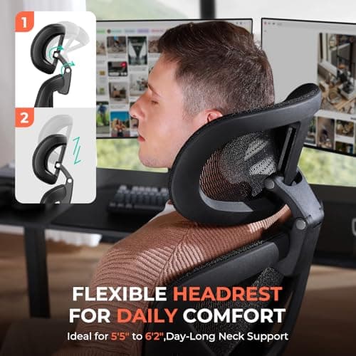 Ergonomic Mesh Office Chair, Adjustable Lumbar High Back Desk Chair 400lbs, 4D Flip-up Arms, 3-Level Tilt Backrest, 3D Headrest, PU Wheels, Swivel Rolling Computer Seating for Long Desk Work