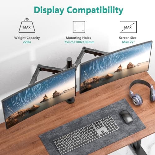 WALI Dual Monitor Desk Mount, Monitor Stand for 2 Monitors Up to 27inch, Dual Monitor Mount Max 22lbs for Home, Office, School (M002), Black