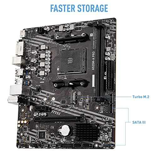 MSI A520M-A PRO Gaming Motherboard (AMD Ryzen 5000, AM4, DDR4, PCIe 3.0, SATA 6Gb/s, M.2, USB 3.2 Gen 1, DVI/HDMI, Micro-ATX)