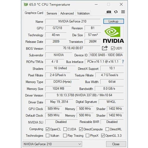 GeForce GT 210 1024 MB DDR3 Low Profile Graphics Card, PCI Express 1.0 x16, Entry Level GPU for PC, SFF and HTPC (HDMI/VGA)