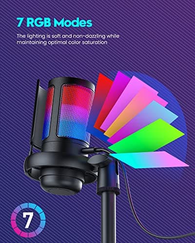 Gaming Microphone, USB PC Mic for Podcasts Videos, Streaming, Condenser Mic with Quick Mute, Tripod Stand, Pop Filter, RGB Indicator, Shock Mount, Rotate gain button, Compatible with PS4/5/PC