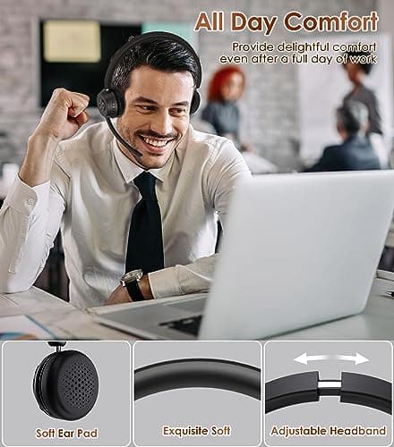 (Upgraded Version) Wireless Headset, Bluetooth Headset with Noise Cancelling Microphone, Best Headphones with Mic Mute & USB Dongle for PC/Computer/Laptop/Cell Phones/Remote Work/Call Center