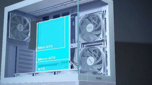 SAMA V40 Mid Tower ATX Case – 6 × 120mm ARGB PWM Fans Pre-Installed, Dual Tempered Glass Panels, Vertical Airflow, Dual-Chamber Design, USB 3.1 Type-C, 7 Slots, Supports ATX/MATX/ITX GPUs, White