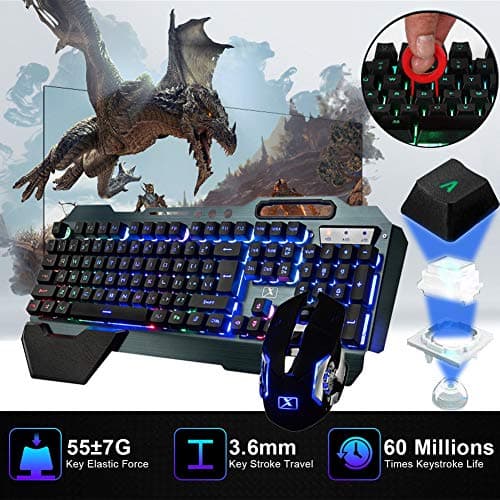 Wireless gaming Keyboard and Mouse,Rainbow Backlit Rechargeable Keyboard Mouse with 3800mAh Battery Metal Panel,Removable Hand Rest Mechanical Feel Keyboard and 7 Color Gaming Mute Mouse for PC Gamers