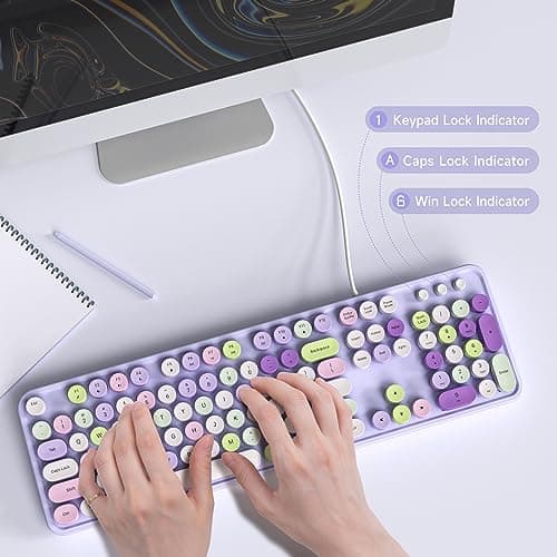 Computer Keyboard Wired, Plug and Play USB Retro Round Typewriter Keyboard, Full Size Wired Keyboard with Foldable Stands for Laptop and Office PC- Purple Colorful