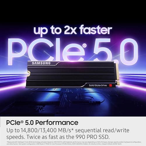 Samsung SSD 9100 PRO with Heatsink 2TB, PCIe 5.0x4 M.2 2280, Seq. Read Speeds Up to 14,800/13,400 MB/s, Best for AI Computing, Gaming, and Heavy Duty Workstations (MZ-VAP2T0CW)