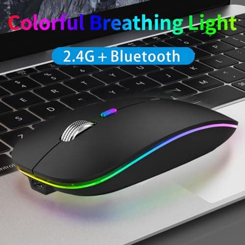 TENMOS Wireless Bluetooth Mouse, LED Slim (Bluetooth 5.1/5.0 + USB) 2.4GHz Rechargeable Silent Bluetooth Wireless Mouse with Type C Adapter for Laptop/MacBook/iPad OS 13 and Above (Matte Black)