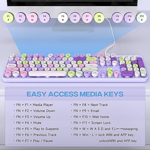 Computer Keyboard Wired, Plug and Play USB Retro Round Typewriter Keyboard, Full Size Wired Keyboard with Foldable Stands for Laptop and Office PC- Purple Colorful