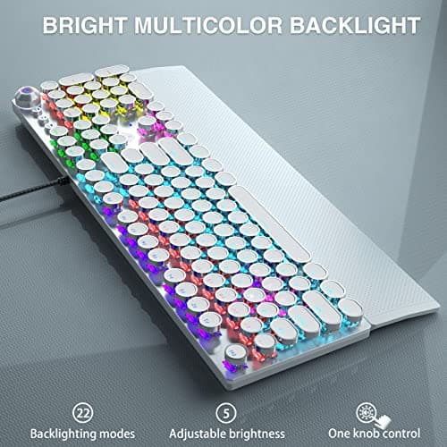 AULA F2088 Typewriter Style Mechanical Gaming Keyboard,Rainbow LED Backlit,Removable Wrist Rest,Media Control Knob,Retro Punk Round Keycaps,USB Wired Computer Keyboard,White