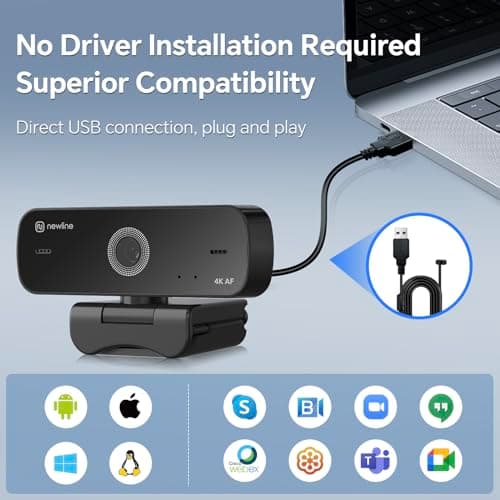 4K Webcam for PC, 4K UHD USB Webcam with Microphone, New Upgraded Auto Focus, Low Distortion, Privacy Cover, PC Camera for Zoom, Skype, Teams, Laptop, Conferencing, Calling, NewEye 60s