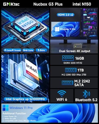 GMKtec Mini PC Intel N150 (Turbo 3.6GHz) 16GB DDR4 1TB PCIe M.2 NVMe SSD, Intel i226-V Desktop Computer 4K Dual HDMI Display/4x USB3.2/WiFi 6/BT5.2/RJ45 Ethernet Nucbox G3 Plus