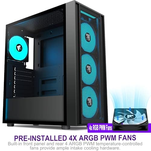 K11 PC Case - Pre-Installed with 4 PWM ARGB Fans, ATX Mid-Tower Gaming Case, Hinged Tempered Glass, Black, FOIFKIN (Black, K11)