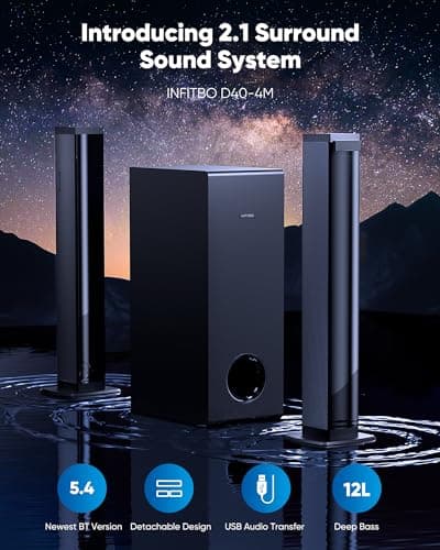 Sound Bar for Smart TV 2.1CH 190W Peak Power Soundbar with Subwoofer Detachable 2-in-1 BT 5.4 Surround Sound System 12L Deep Bass for PC Game with HD-ARC/Opt/USB/AUX Home Theater