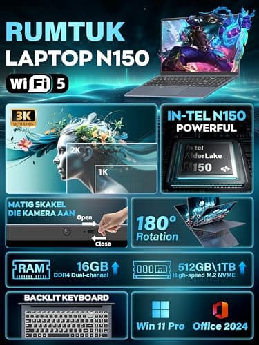 【MS Office 2024/Win 11 Pro】 2025 Laptops 16" 3K 3072x1920 IPS Laptop Computer with in tel N150(UP to 3.6 GHz),16G RAM, Backlit KB/Fingerprint/Webcam/Wi-Fi 5/BT, HDMI/USB-C/RJ45 (512G NVME SSD)