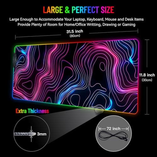 RGB Mousepad LED Desk Mat Gaming Large Keyboard Cute Desktop Computer Laptop 14 Light XXL Long Giant Big Cool Modern Design Unique for Men Boys Gamer Oversized Wide 30x12'' Mousepad, Topo