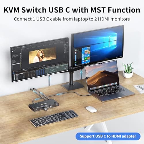 KVM Switch 2 Monitors 2 Computers USB C HDMI DP, KVM Switch Dual Monitor for Laptop & Desktop, USB 3.0 MST Dual HDMI 4K@60Hz, PD 60W for Laptop, with Wired Remote