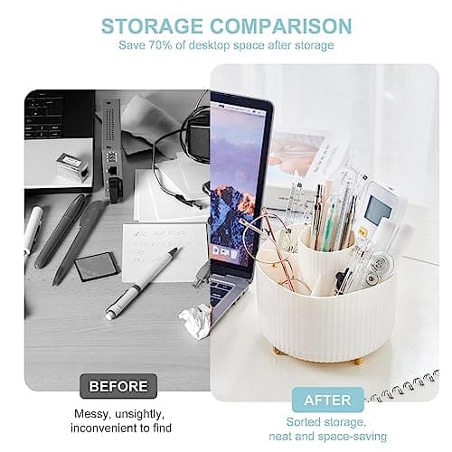 Pencil Holder For Desk,5 Slots 360°Degree Rotating Desk Organizers And Accessories,Desktop Storage Stationery Supplies Organizer, Cute Pencil Cup Pot For Office, School, Home (B-White)