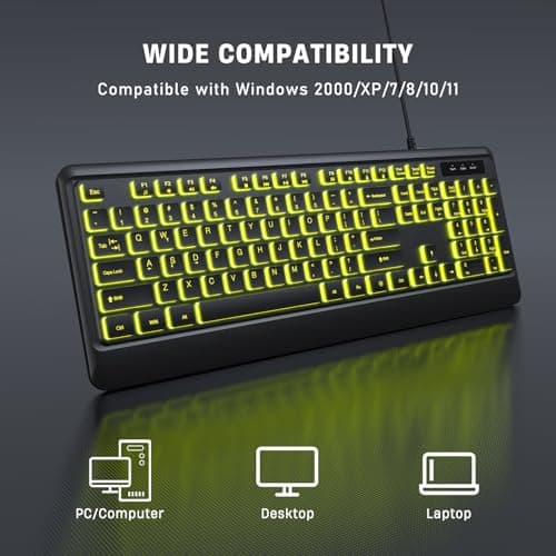Backlit Computer Keyboards, Wired USB LED Keyboard with 7 Colors Backlight, Plug and Play, Waterproof, Full Size Quiet Computer Keyboard for Windows Desktop, PC, Laptop, Gaming