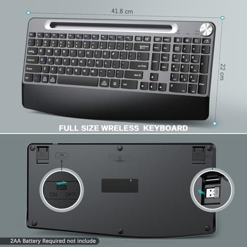 Ergonomic Wireless Keyboard with Wrist Rest-Low-Profile,Phone/Tablet Holder,Quiet Design，Windows & Mac OS，Full Size Cordless USB Computer Keyboard for Desktop,Laptop, PC, Mac, Windows-Grey