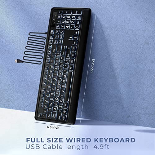Large Print Backlit Keyboard, USB Wired Computer Keyboard, Full Size Keyboard with White Illuminated LED Compatible for Windows Desktop, Laptop, PC, Gaming, Black