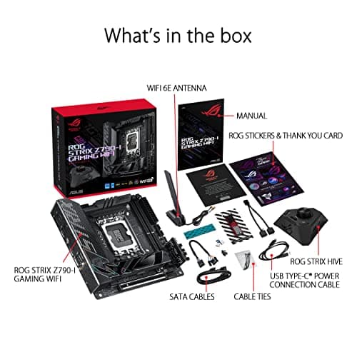 ASUS ROG Strix Z790-I Gaming WiFi Intel® Z790 LGA 1700 Mini-ITX motherboard, 10 + 1 power stages, DDR5, two M.2 slots, PCIe® 5.0, WiFi 6E, Thunderbolt™ 4, and USB 3.2 Gen 2x2 Type-C®