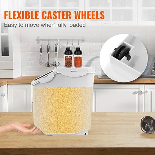 VEVOR Ingredient Storage Bin, 2 x 15L Dispenser Bin with 2 Measuring Cups, Attachable Casters and Airtight Lid, 2 Pcs/Set Dog Pet Food Storage Container, PP Material Kitchen Rice Cereal Flour Bin