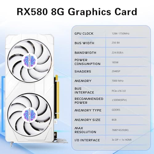 RX 580 Graphics Card 8GB 2048SP GDDR5 256 Bit PC Gaming Video Card 3*DP 1*HDMI PCI Express 3.0 with Freeze Fan Stop for Desktop Computer GPU for Gaming PC