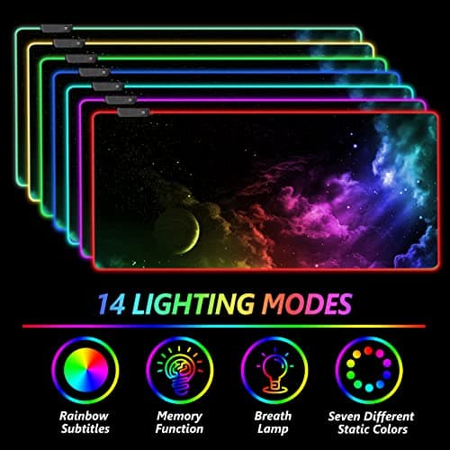AIMSA Large RGB Gaming Mouse Pad, Keyboard Mousepad Led Extended 35.4 x 15.8 inch Non-Slip Rubber Base with 14 Lighting Modes, Big Desk Mat Waterproof, Nebula Universe